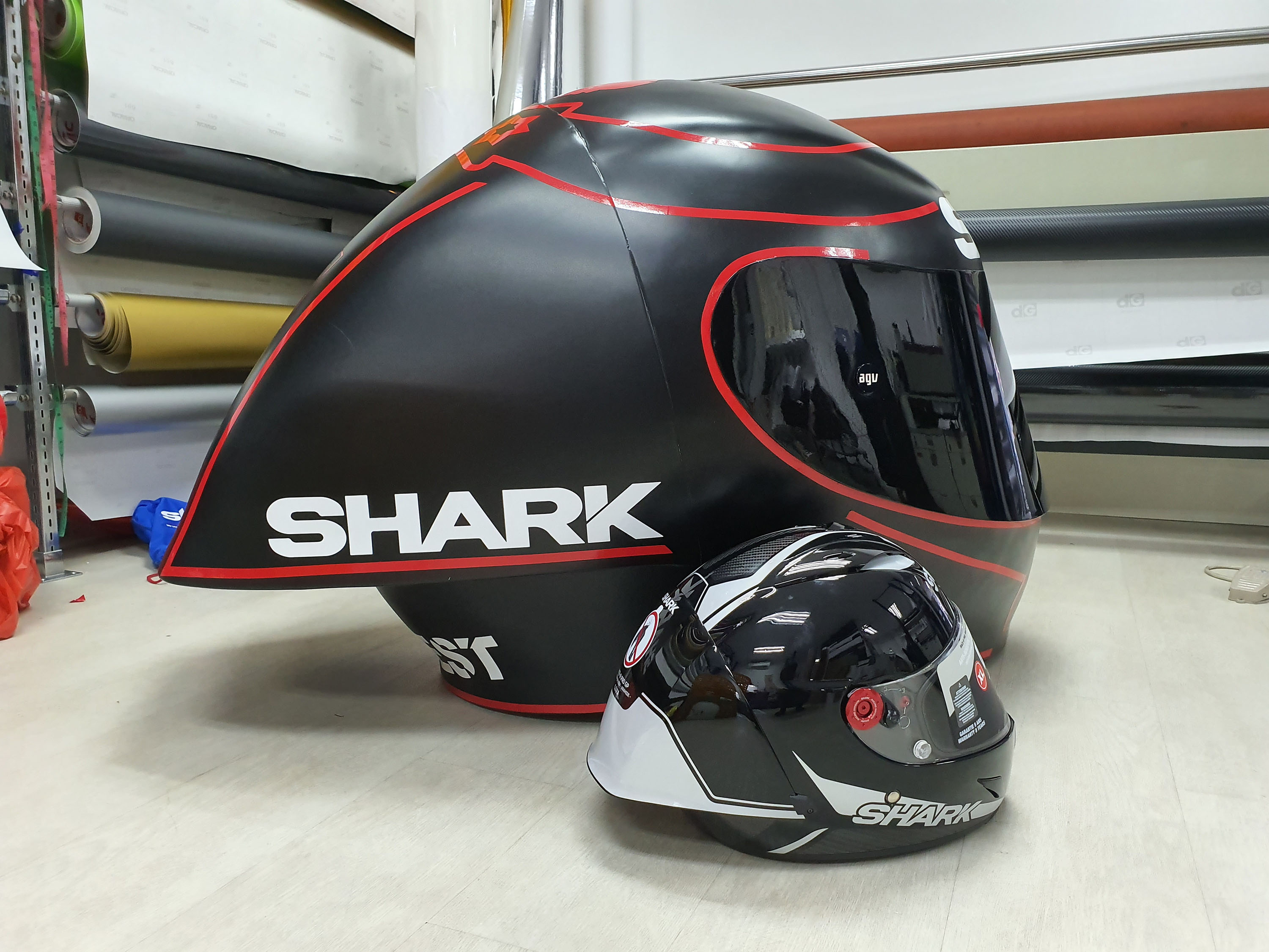 Side profile of the Gigantic Shark Helmet Decal applied. Comparing it with a normal helmet size