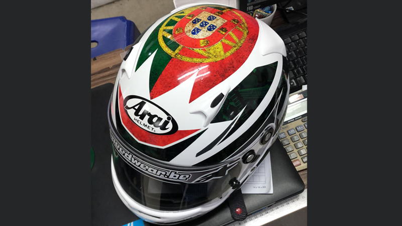 A Juzz Wheelzz Designed Arai Helmet with Custom design for young Kart-Racer Emiliano Cyrus